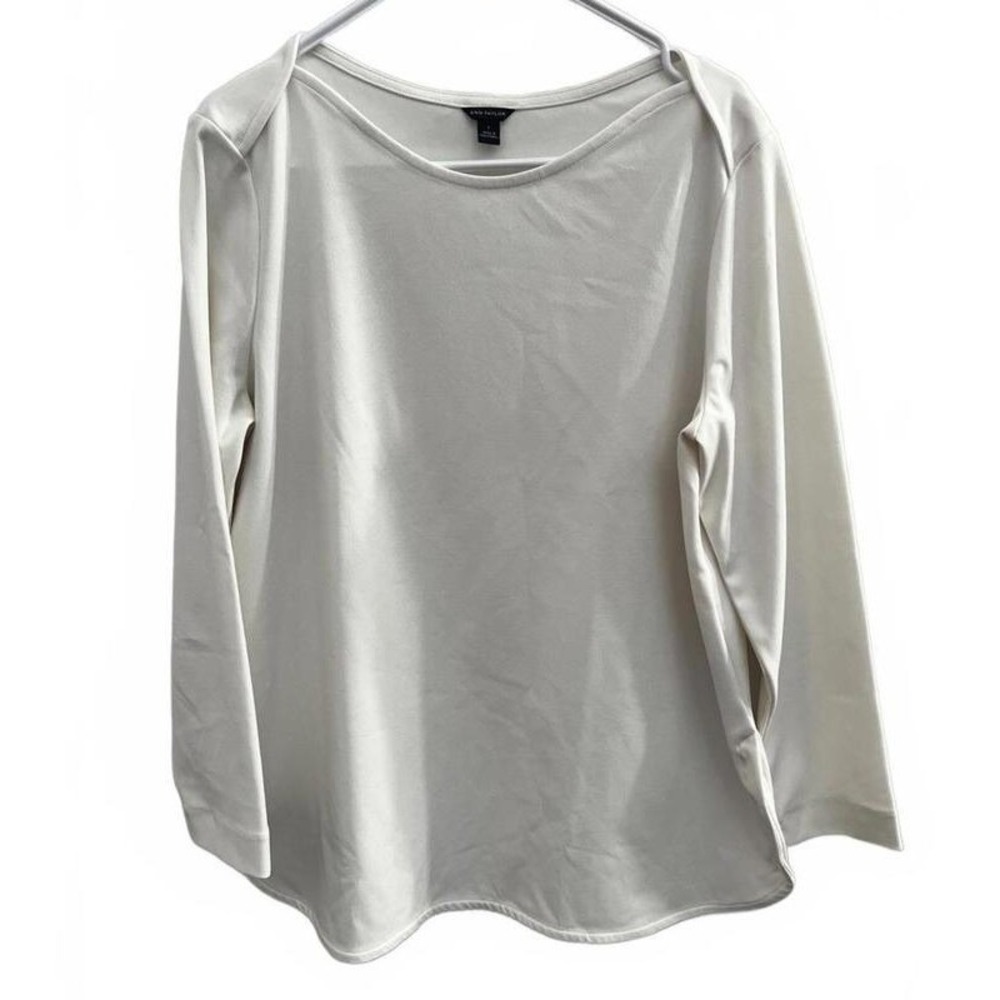 Ann Taylor Blouse Ivory Boat Neck Long Sleeve‎ Curved Hem L